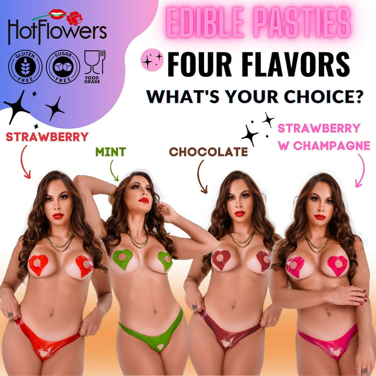 Hot Flowers Set Edible Pasties Karamela for Women – Sexy Candy Lingerie  Underwear Nipple Covers – Eatable Pasty Panties and Bra - Pack with 2 Units  Strawberry with Champagne Flavor 