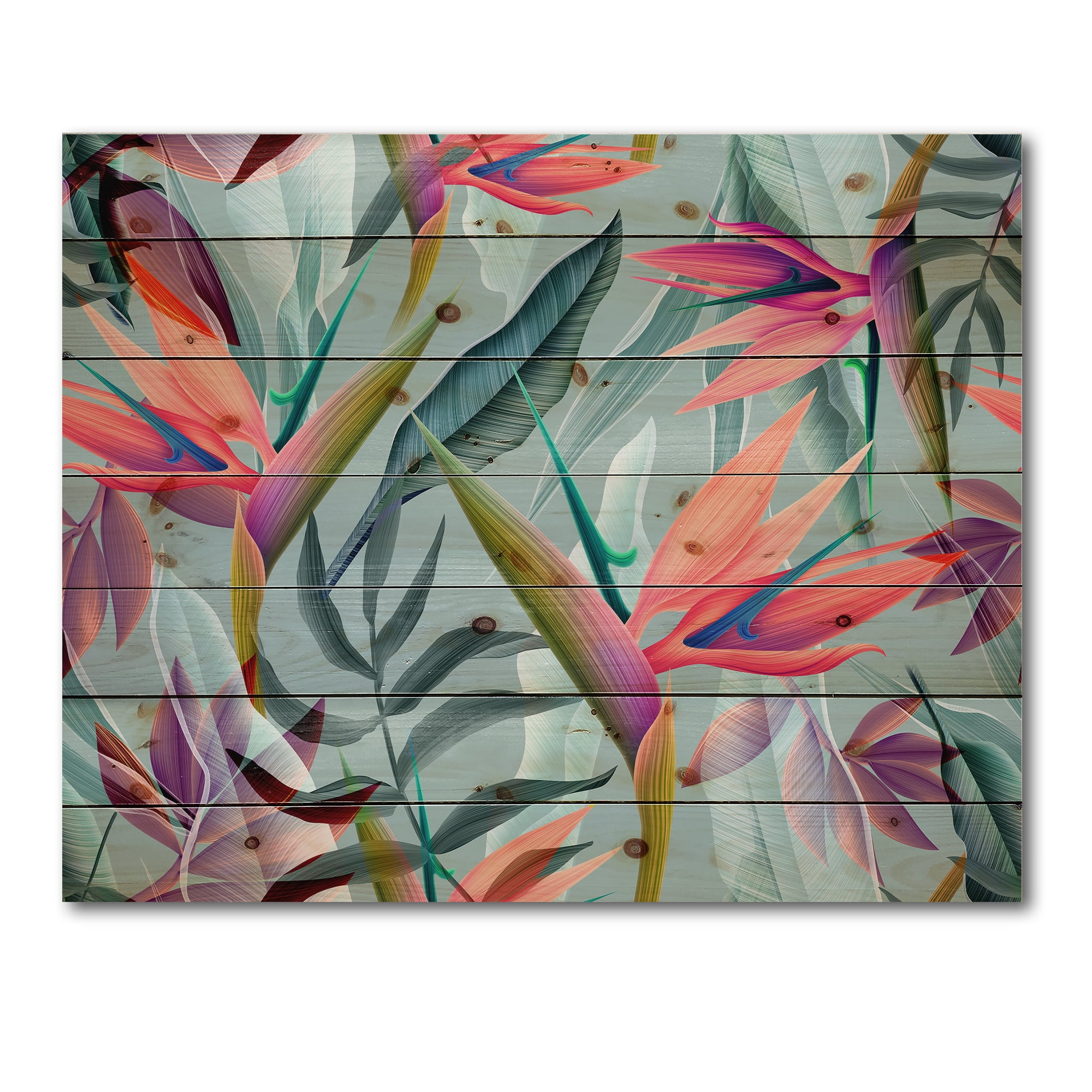 Designart 'VIntage Tropical Flowers V' Traditional Print on Natural Pine Wood