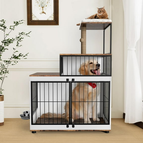 Dog Crate Large Furniture Kennel XL,Dog Crate Furniture with Cat Tower & Shelving Unit,Wooden Dog Kennel for Medium Small Breed with Double Doors and 2 Adjustable Bowls,2 in 1 Wooden Pet Cage House