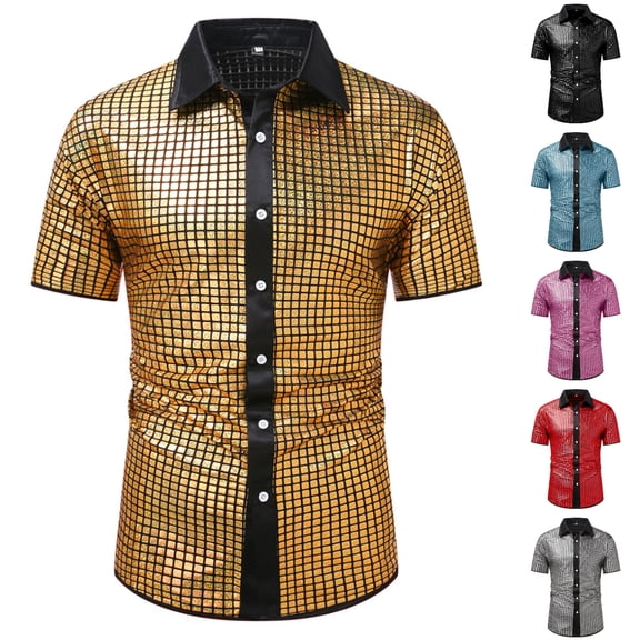 SGFCWSX Men's Short Sleeve Sequin Shirt Button Down, Metallic Prom Party Casual Night Outfit Gold Size 2XL
