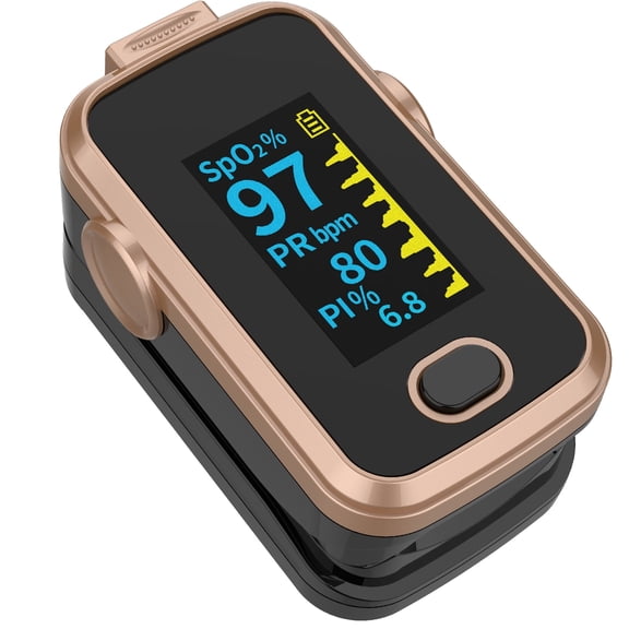 LPOW Fingertip Pulse Oximeter for Oxygen Level and Pulse Rate, Batteries and Lanyard Included - Black/Rose Gold