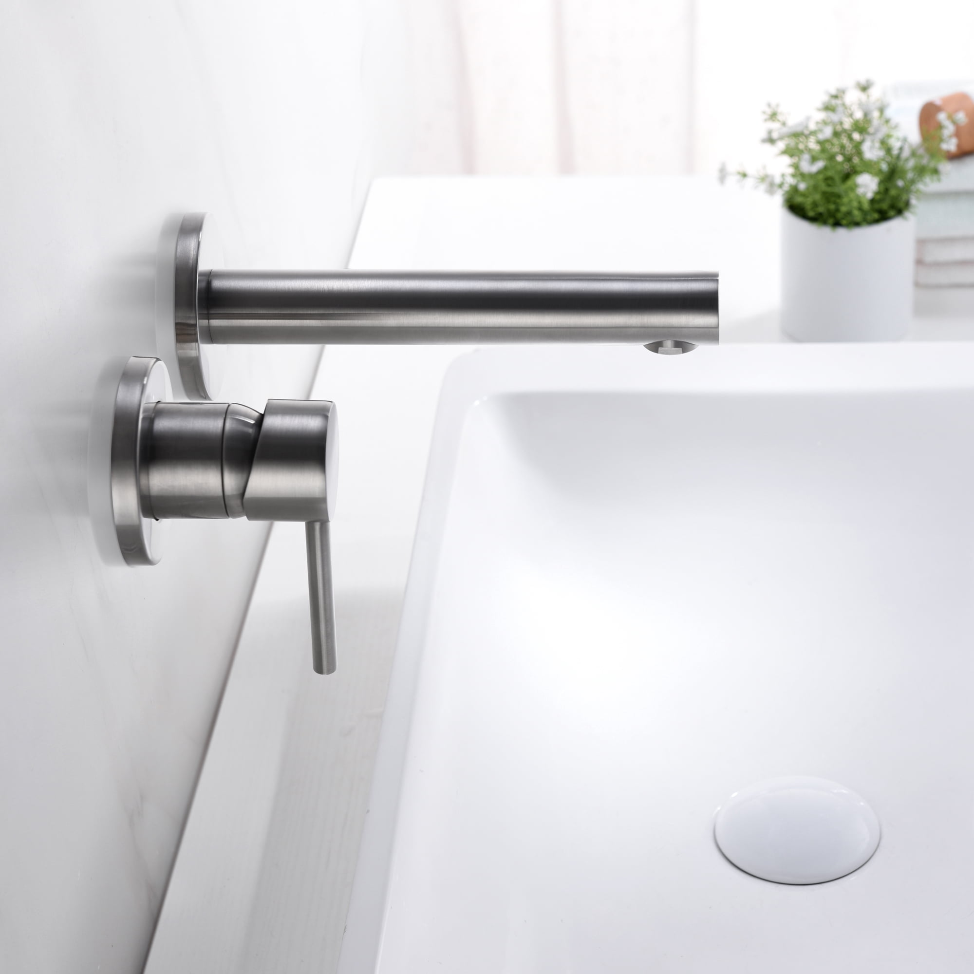 sumerain Single Handle Left-Handed Wall Mount Bathroom Faucet Brushed Nickel Lavatory Basin Faucet