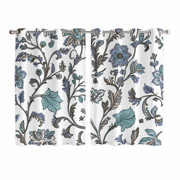 Boho Leaf Kitchen Curtains 72 Inch Length, Teal Green Spring Farmhouse Pastoral Tribal Grommet Top Bedroom Living Room Curtains, Light Filtering Cafe Curtain Drapes 2 Panels Set 104''x72''