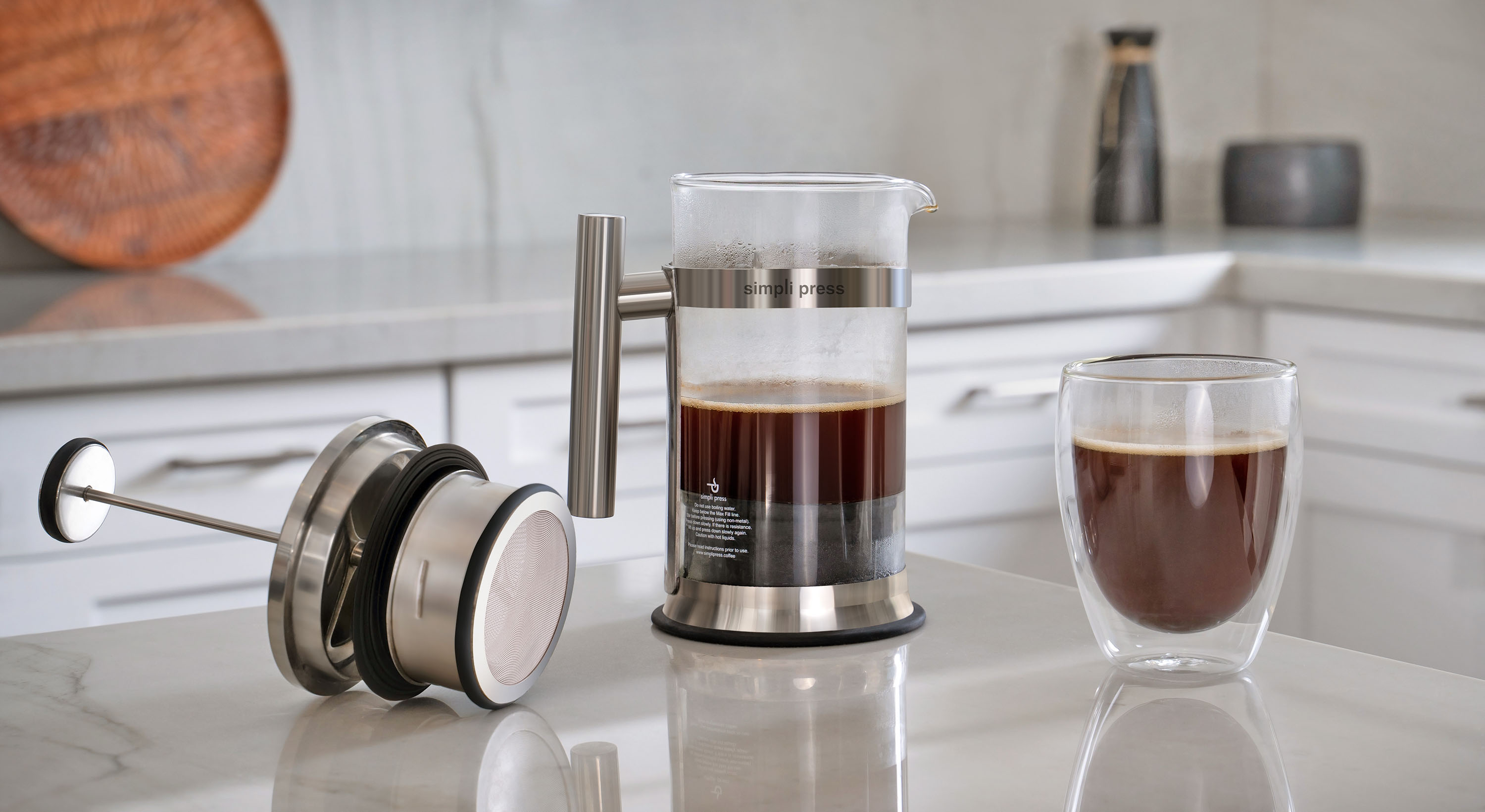 Simpli Press 34-Ounce Stainless Steel and Glass French Press Coffee Maker, Black