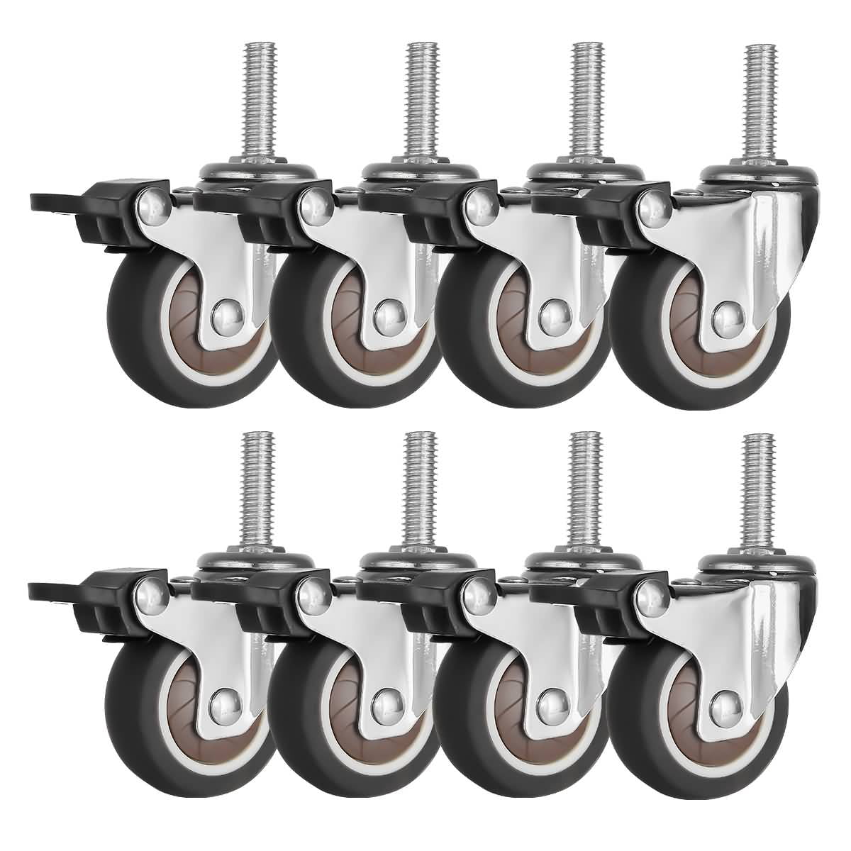 8 Pack 2 Inch Stem Caster Wheel Swivel with Brake Grey Rubber Caster Wheels 