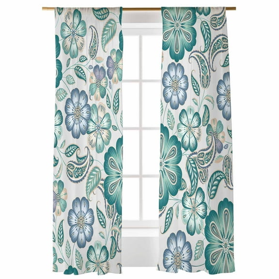 Sheer Curtains 96 inches Long, Abstract Paisley Pattern Vintage Green Ethnic Flower Light Filtering Sheer Window Curtains Rod Pocket Voile Drapes for Bedroom Living Room, 52"W x 96"L 2 Panels