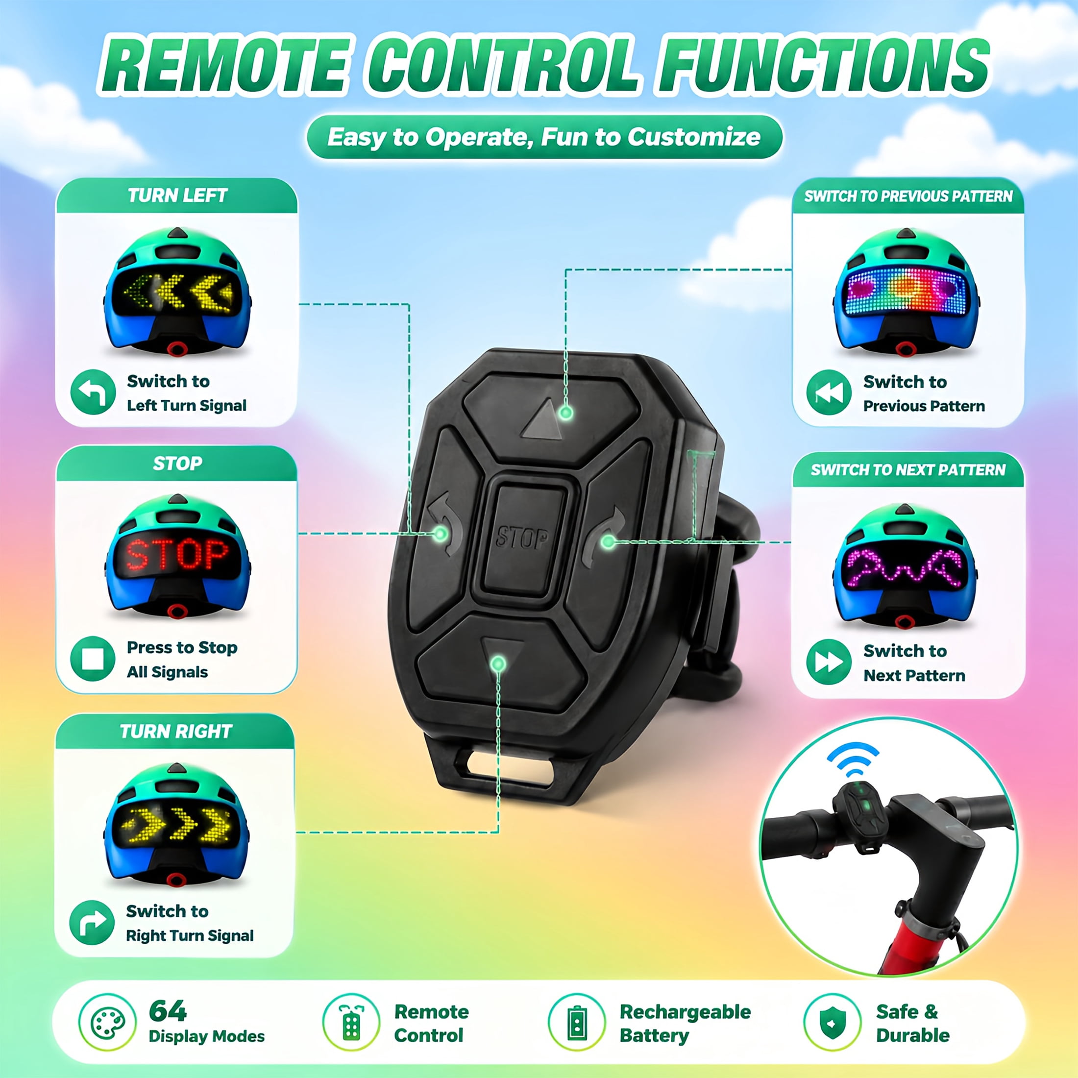 Kids Bike Helmet with LED Display & Remote Control, 64 Light Patterns, Turn & Stop Signals, Multi-Sport Helmet for Toddler & Youth Ages 3-14, Safe for Boys Girls Bicycle Scooter Mountain Bike