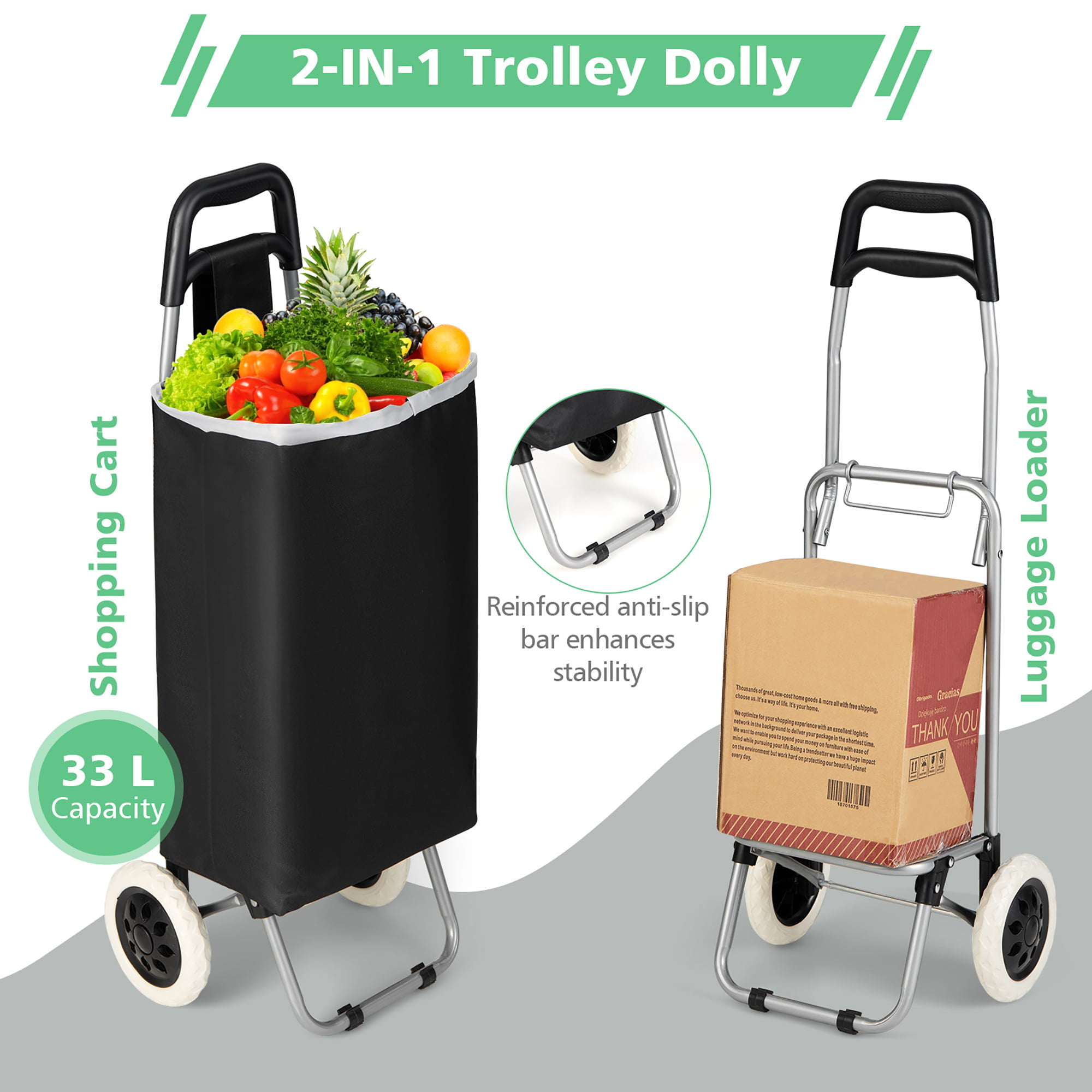 Costway Black Large Capacity Light Weight Wheeled Shopping Trolley Push Cart  Bag 