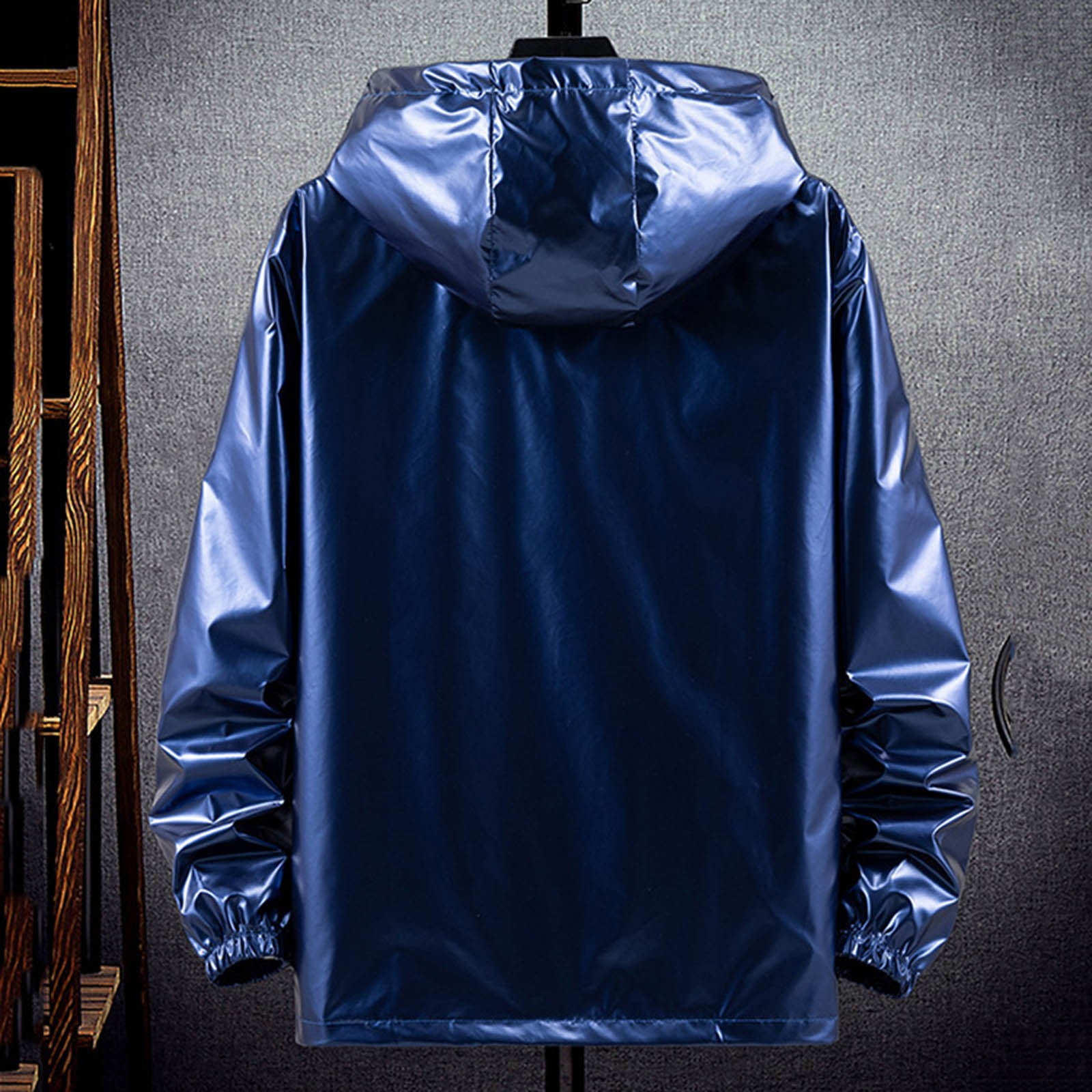 Holographic Jacket for Men Lightweight Long Sleeve Metallic Shiny Zip Up Hoodie Coat Outerwear with Pockets