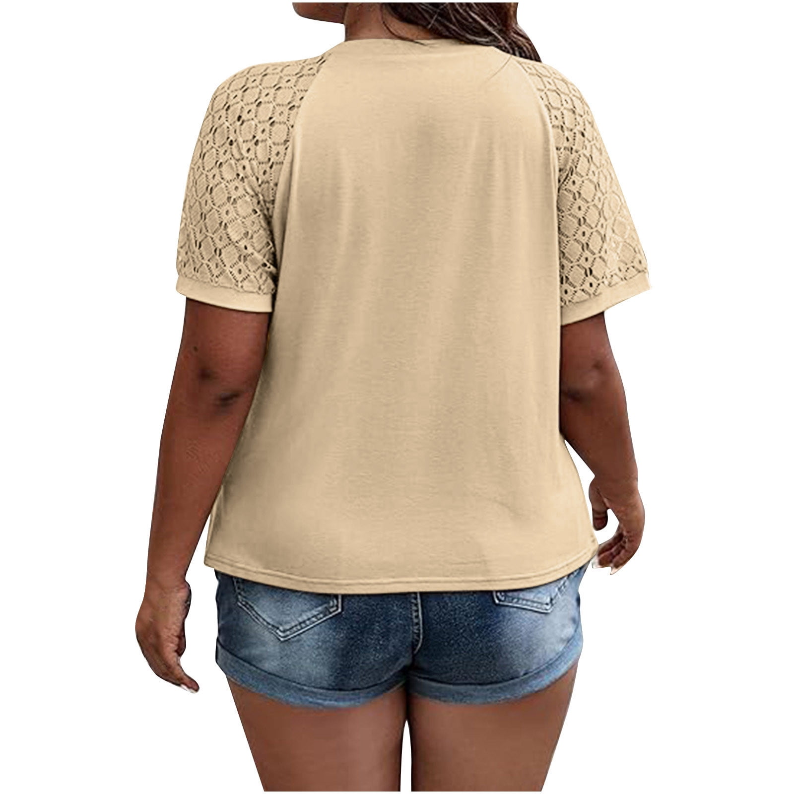 Womens Trendy Plus Size Tops- Casual Crewneck Lace Short Sleeve Pleats Summer Shirts Blouses Khaki Size 2XL