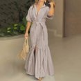 thumbnail image 2 of Xaqiouau Women Solid Color V Neck Short Sleeve Wrap Maxi Dress Waist Tie Front Slit Elegant Flowy Boho Chic Casual Vacation Daily Summer Dress Beige S, 2 of 5