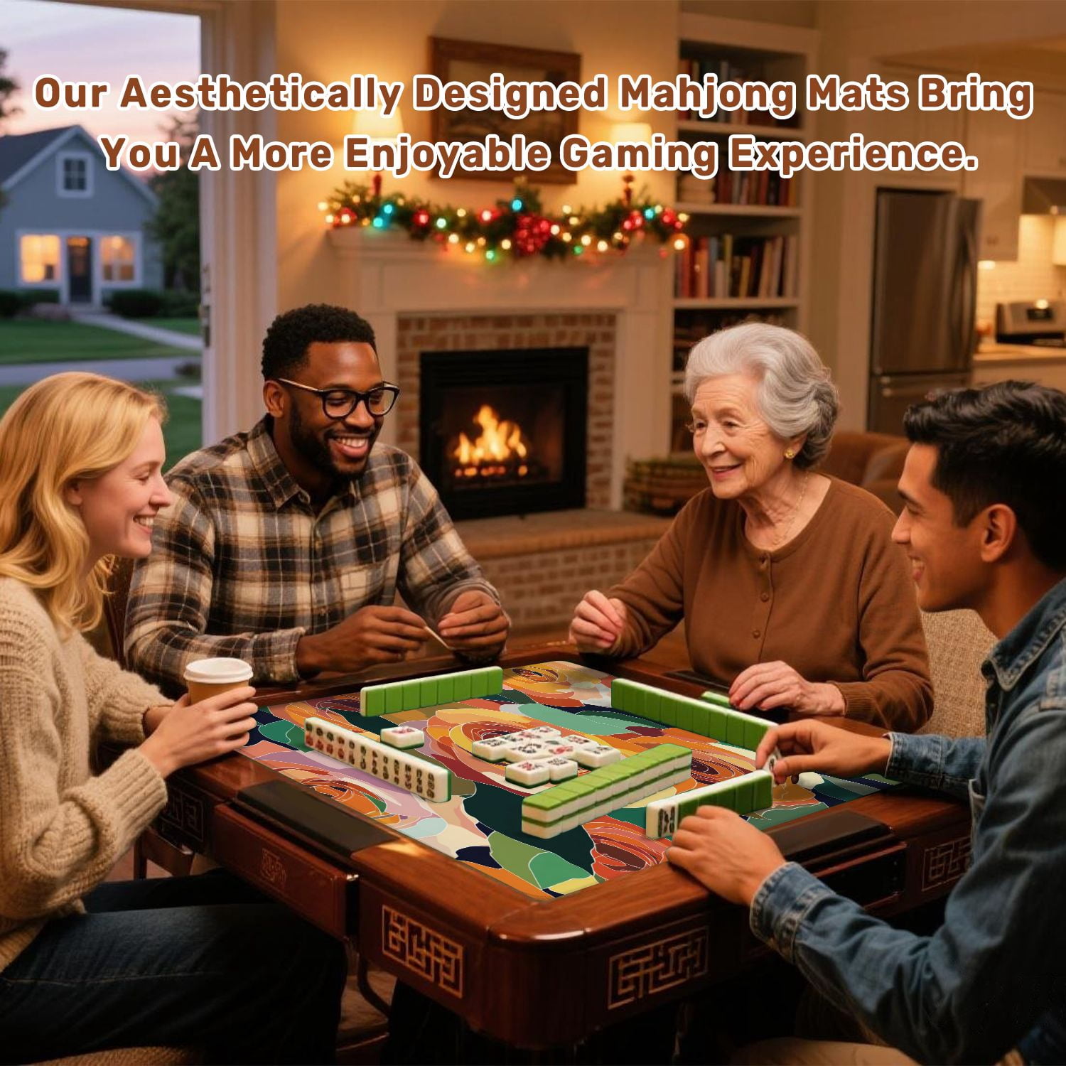 Mahjong Mat 31.5" x 31.5" Artistic seamless abstract flowers Creative collage Non-Slip Noise Reduction American Mahjong Tiles Table Cover for Dominoes Poker Card Board Games Gift