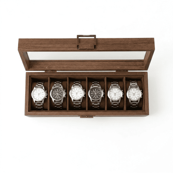 AJOHBM Walnut Wood Watch Box for Men, 6-Slot Display Case with Vintage Brass Lock & Premium Velvet Interior, Dark Walnut