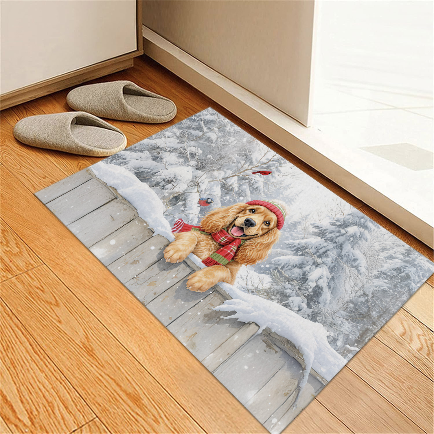 Playful Cocker Spaniel Welcomes Winter Snowy Day with Cardinal Bird Doormat Cockers Dog Lover Gifts Indoor Outdoor Welcome Mat - 2017
