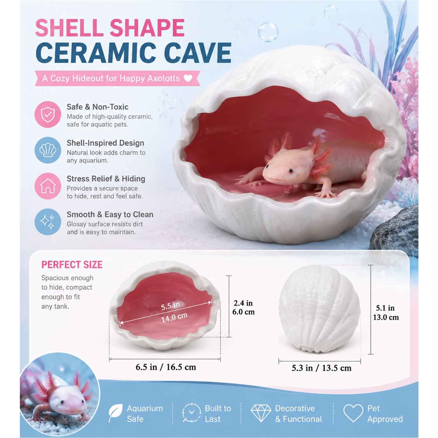 Extra Large Shell Shape Double Sided Glaze Axolotl Hide Ceramic Fish Tank Cave, Fish Tank Decor Shelter for Small Pet Frog Fish Betta