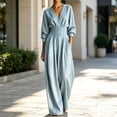 thumbnail image 4 of Karymi Capri Pants for Women Solid V Neck Wrap Jumpsuit, 3/4 Lantern Sleeve Elastic High Waist Wide Leg Long Romper Pants, Pleated Front Side Pockets Jumpsuit Women's Shorts, 4 of 5