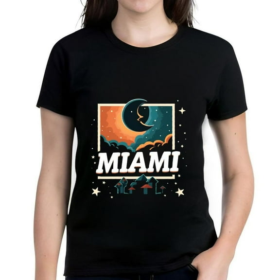 Vibrant Women's Cotton Short Sleeve T-Shirt with Retro Moon Stars and Playful Mushroom Design - Miami Style