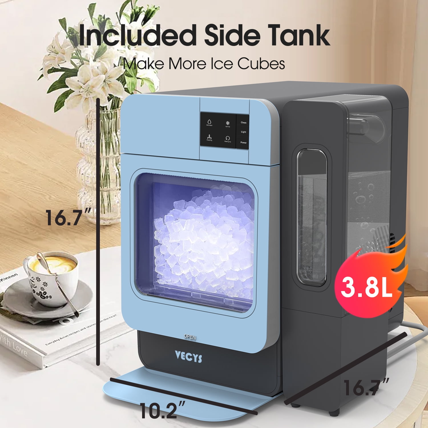 VECYS Nugget Ice Maker W/ Side Water Tank, 44LBS/Day Self-Cleaning, Blue
