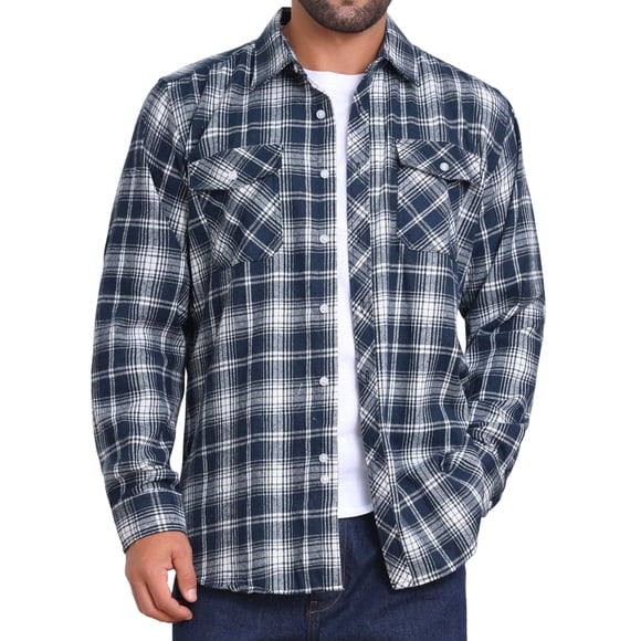 Camisas de hombre de ajuste slim con botones y bolsillo en colores contrastantes, de cuadros, de manga larga, en azul marino y blanco