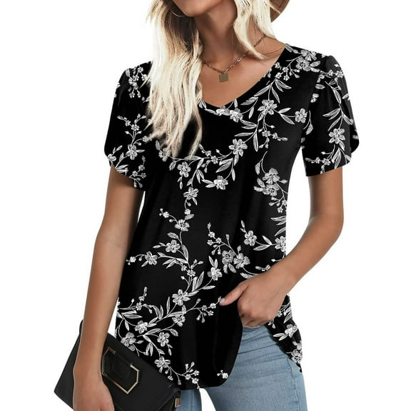Babysbule Women's Tops Women's Short Sleeve Print V-Neck T-Shirt Loose Casual Summer Tee Tops