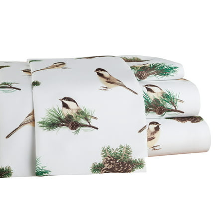 Cozy Winter Chickadees Bed Sheet Set with Pinecone Accents, 4
