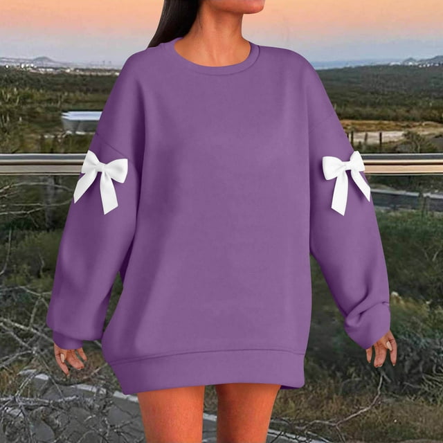 Timegard Chandails en Molleton Grande Taille pour Femmes Col Rond Manches Longues Chandail Mignon Ample Nœud Papillon Hauts Surdimensionnés