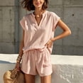 thumbnail image 2 of Morttic Women's Casual V-Neck Short Sleeve Top & Drawstring Shorts 2 Piece Set – Solid Color Summer Lounge & Vacation Outfit Pink，L, 2 of 3