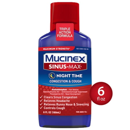 Mucinex Sinus-Max Max Strength Night Time Congestion & Cough Relief Liquid, (Best Cough Syrup For Productive Cough)