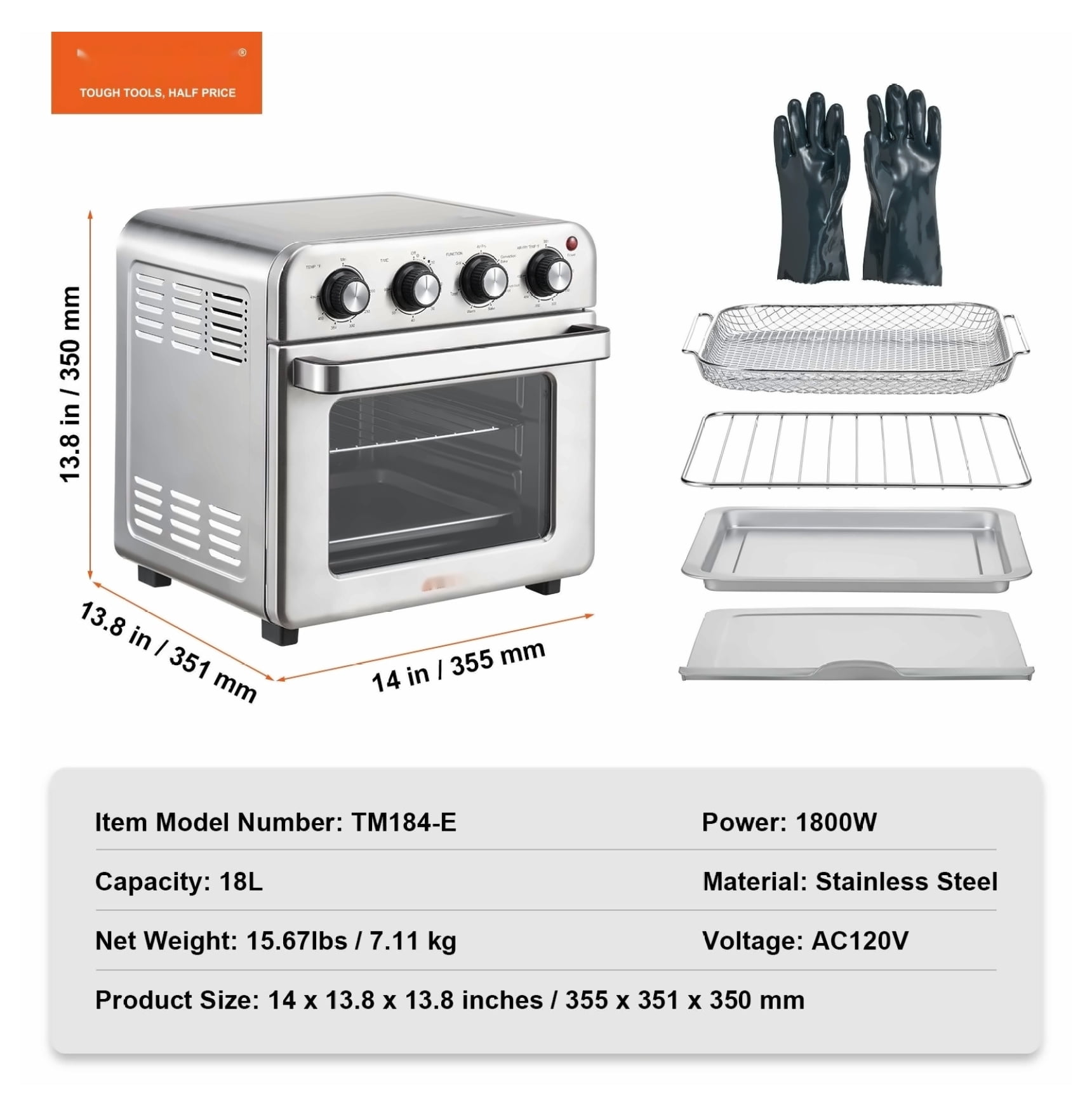 Air Fryer Toaster Oven 18L, 1700W Convection Oven Combo, 7-in-1 Countertop Oven with Grill, Pizza Pan & Gloves, 6-Slice Toast, 10-inch Pizza