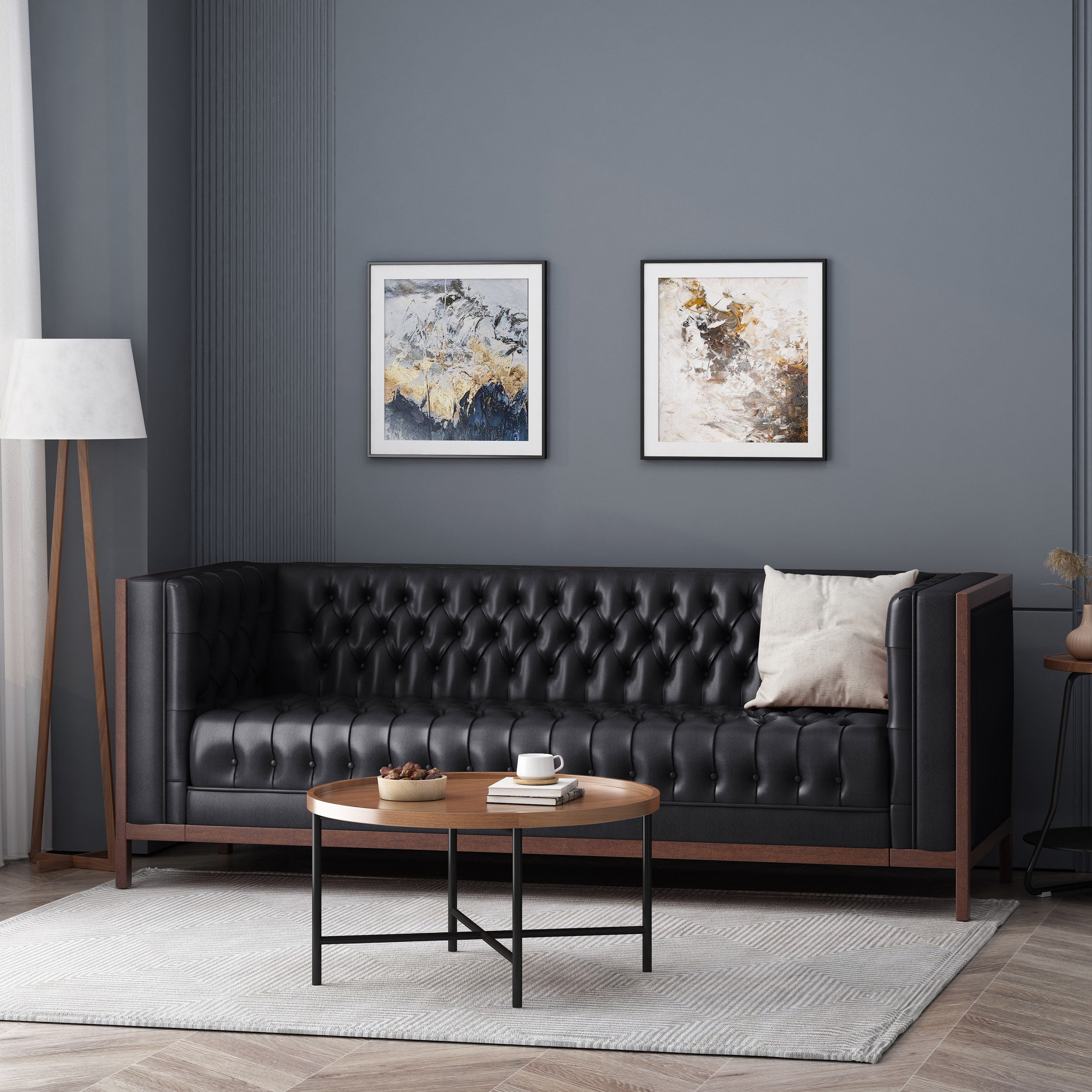 Noble House Tamarisk Sofa, Midnight Black and Espresso Faux Leather