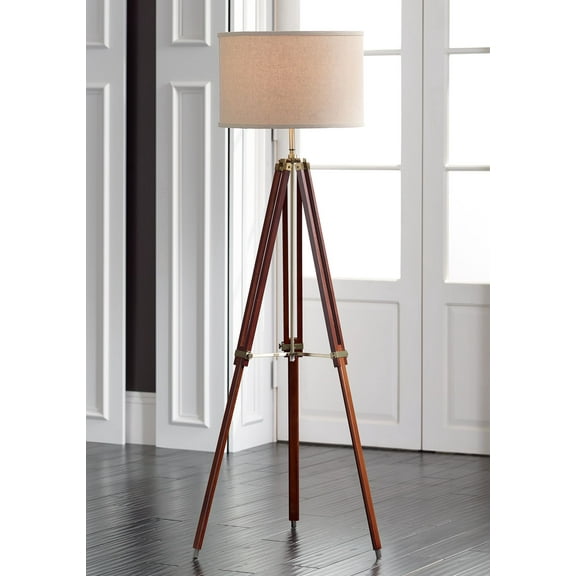 Possini Euro Design Serveyor Modern 57 1/2" Tall Tripod Floor Lamp Smart Socket Cherry Wood Brass Adjustable Beige Shade for Living Room