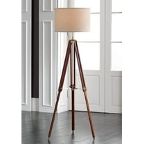 Possini Euro Design Serveyor Modern 57 1/2" Tall Tripod Floor Lamp Smart Socket Cherry Wood Brass Adjustable Beige Shade for Living Room