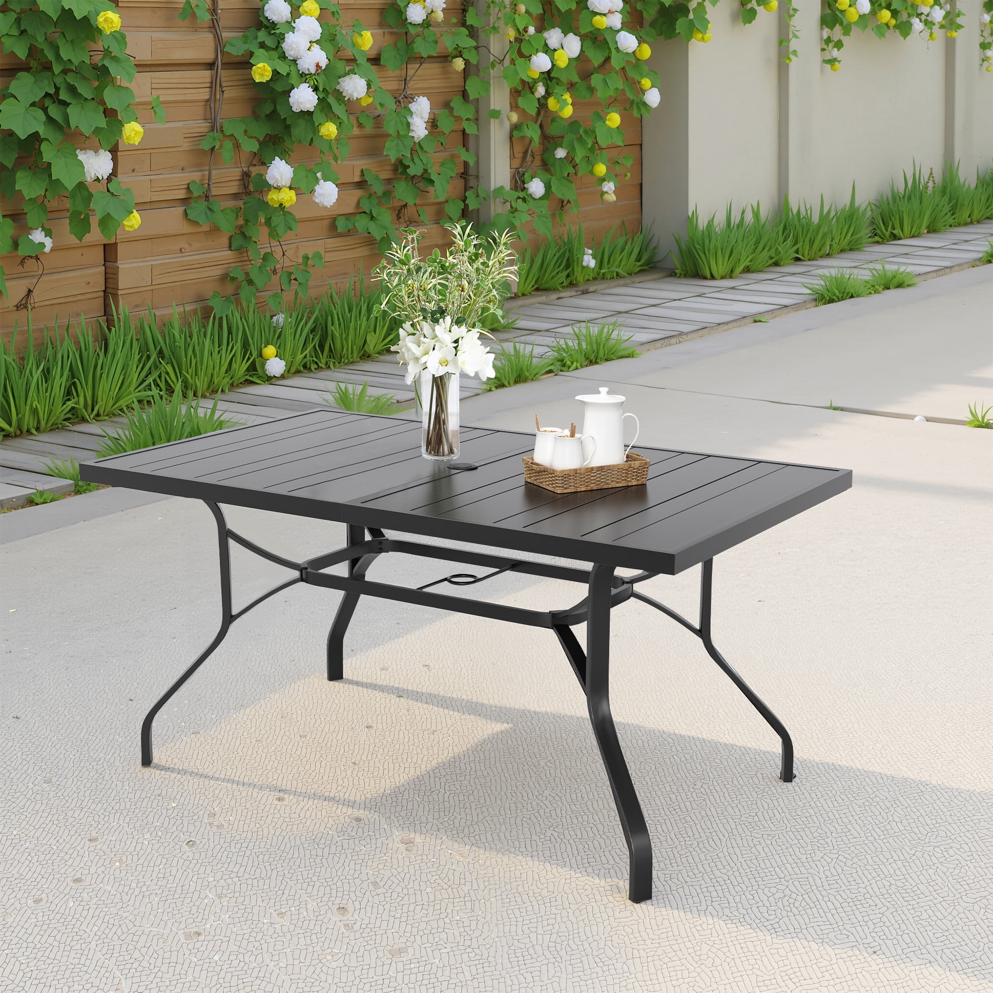 MAYEERTY 60*35"Outdoor Dining Table with 1.57" Umbrella Hole, Weather-Resistant Metal,for Patio,Backyard,Poolside
