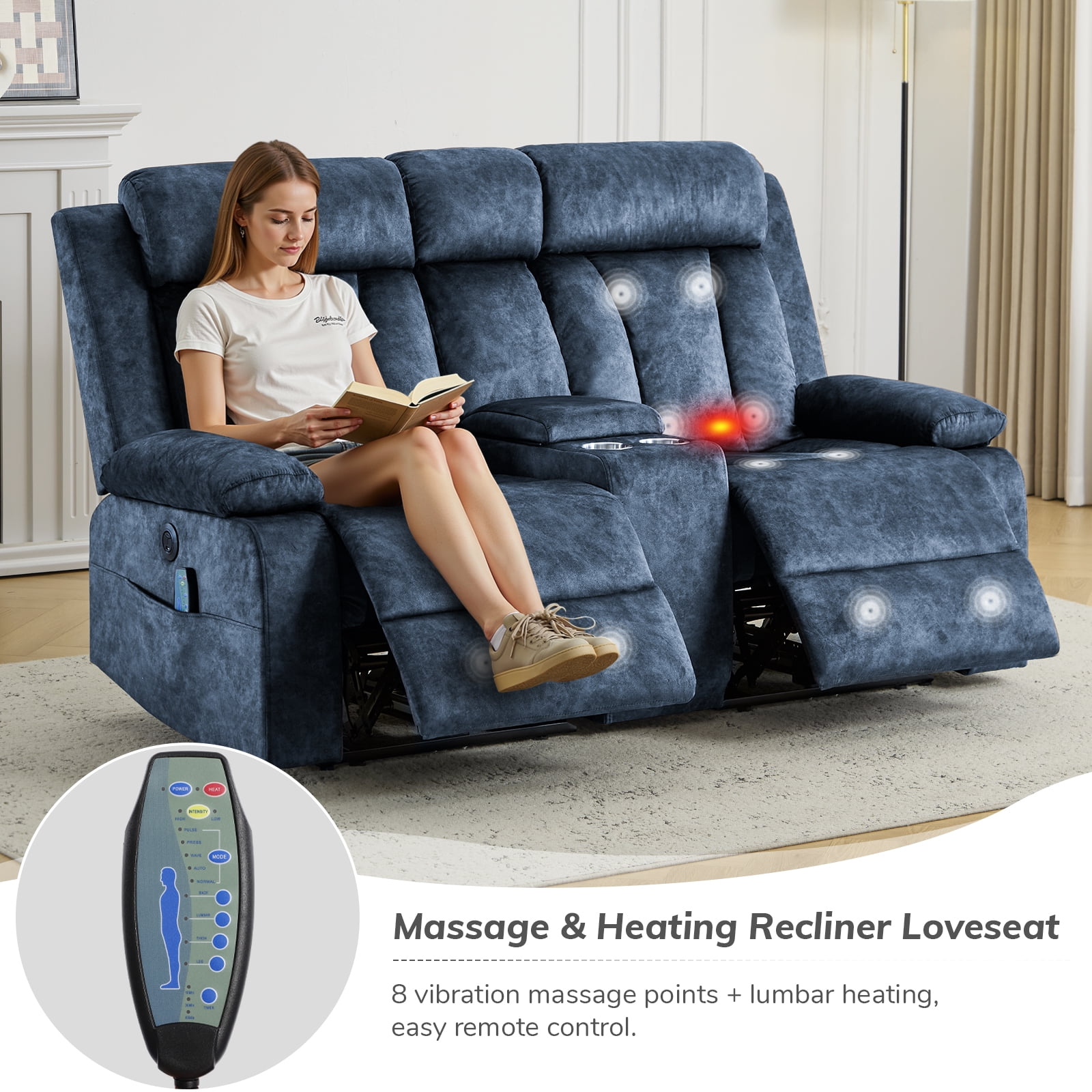 Power Recliner Loveseat Sofa with Console Storage, Heat & Massage, Reclining Sofa Couch with Cup Holders, USB & Type-C Ports, Dutch Velvet Recliner Couch for Living Room, RV,Office,Apartment