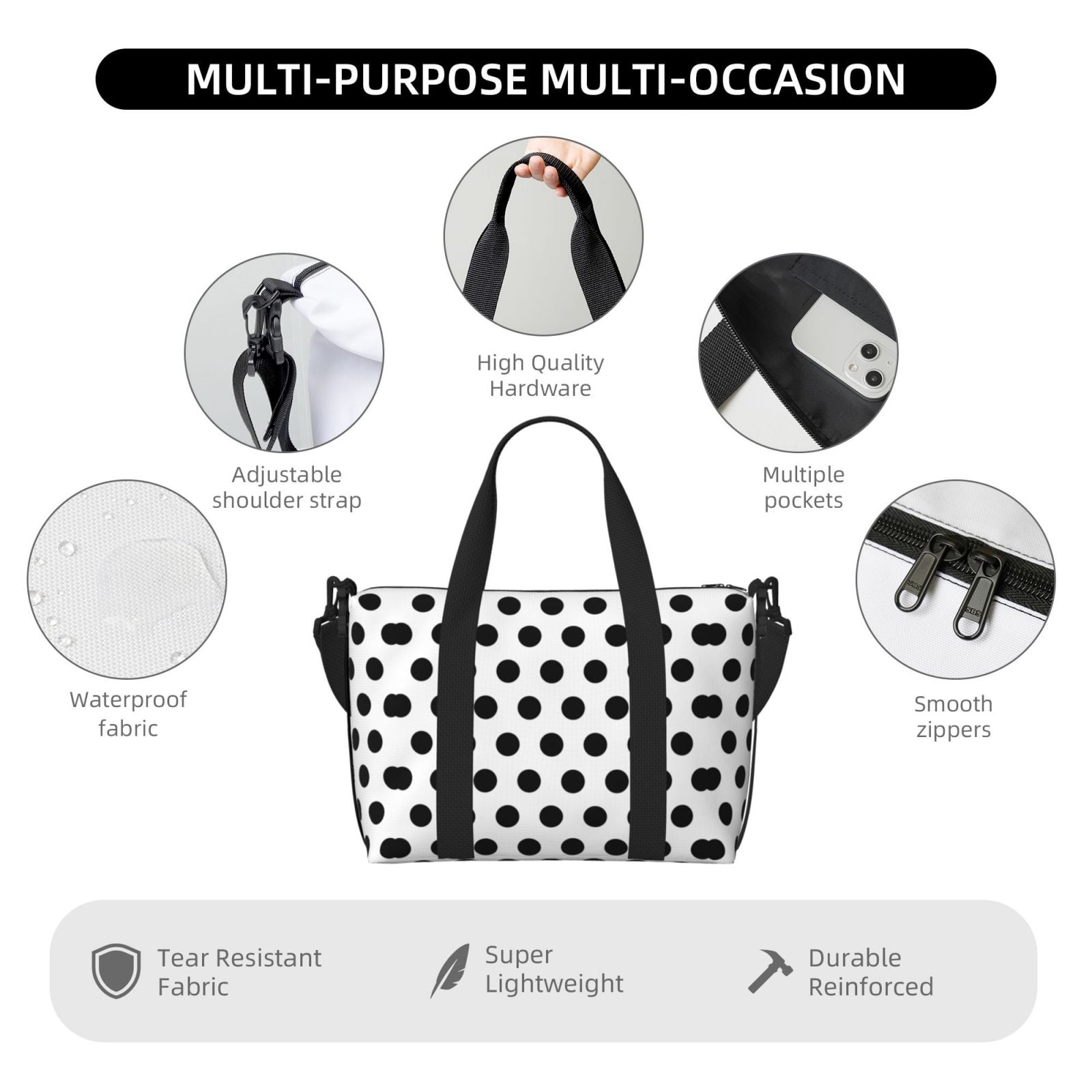 Travel Duffel Bag Black Polka Dot Pattern Sports Tote Gym Bag Shoulder Weekender Overnight Bag For Women Men