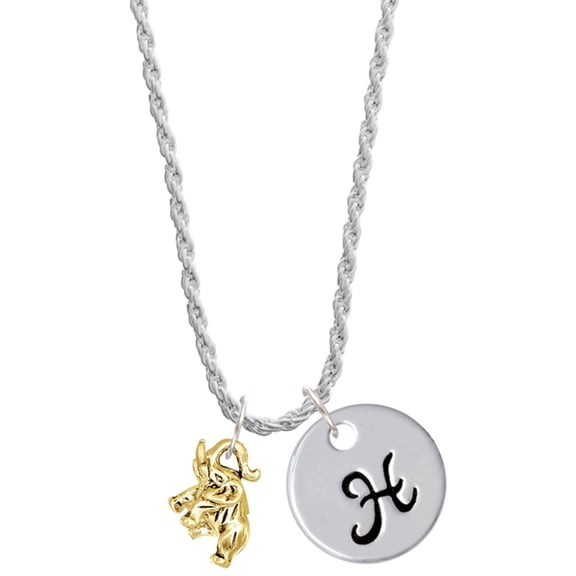 Delight Jewelry Goldtone Mini 3-D Elephant Silvertone Script Initial Disc - H - Charm Necklace, 20"+3"