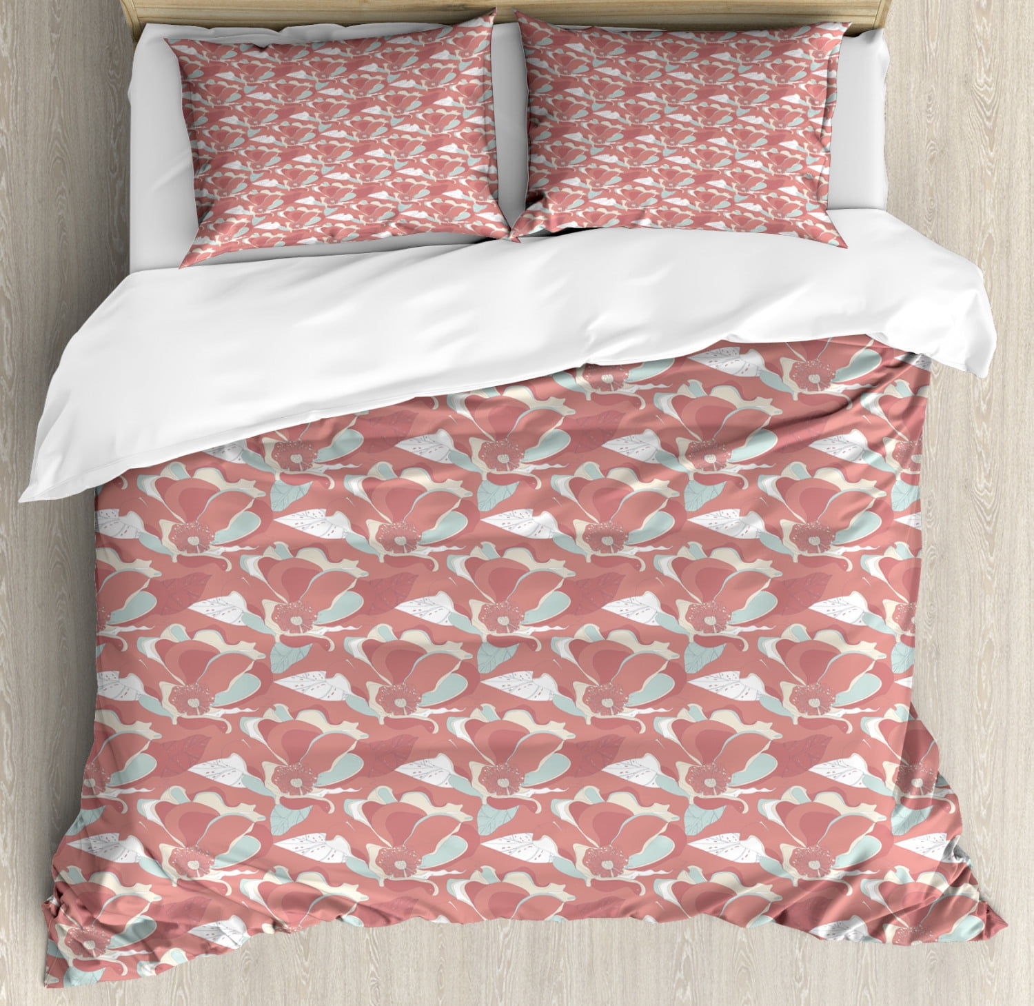 Blue And Coral King Size Duvet Cover Set Hand Drawn Floral Pattern Poppy Design Countryside Foliage Decorative 3 Piece Bedding Set With 2 Pillow Shams Coral Pale Blue And Cream By Ambesonne