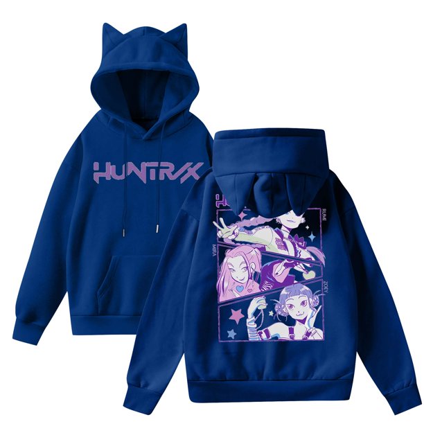 HUNTRX pop Huntrix Print Cat Ears Hoodie with De-mon Sweatshirt Trendy Pullover All-over Print Fashion Casual Long Sleeve Sweatshirt Pullover Casual Streetwear S
