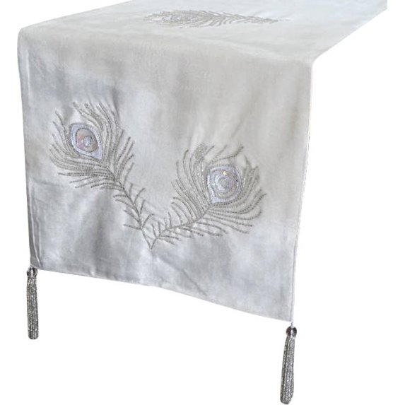 Handmade Decorative Table Runner Ivory, Silver, White, 14 inch wide x 36 inch long Velvet Bead & Sequins Hand Embroidery Table Runner, Peaock Decor with Tassels Table Runner - Peacock