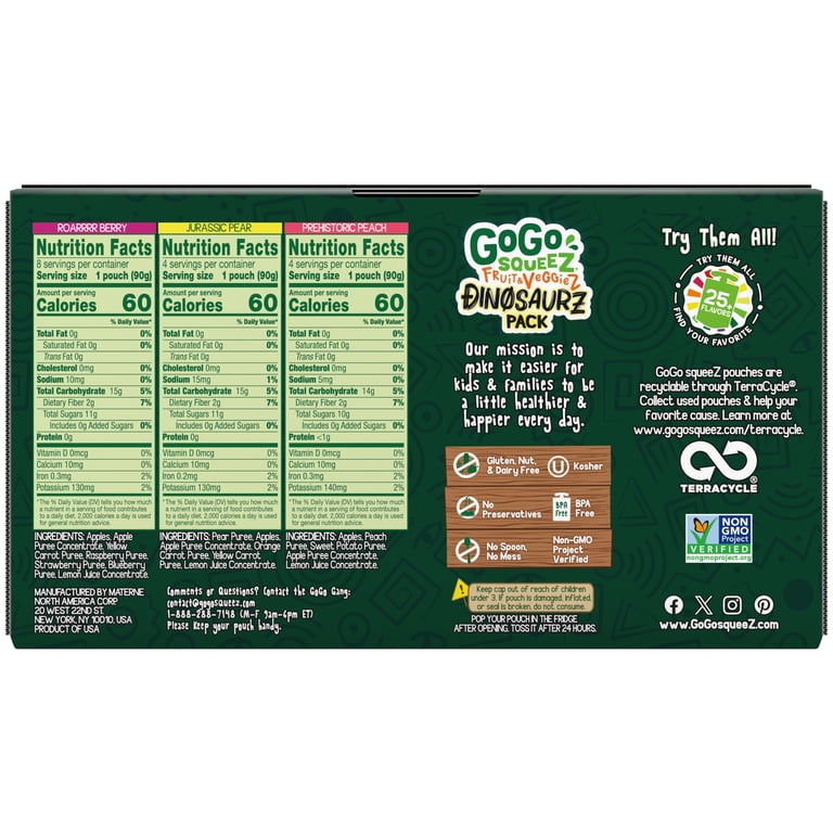 GoGo squeeZ FruitZ & VeggieZ Dino Pear Peach Carrot Applesauce
