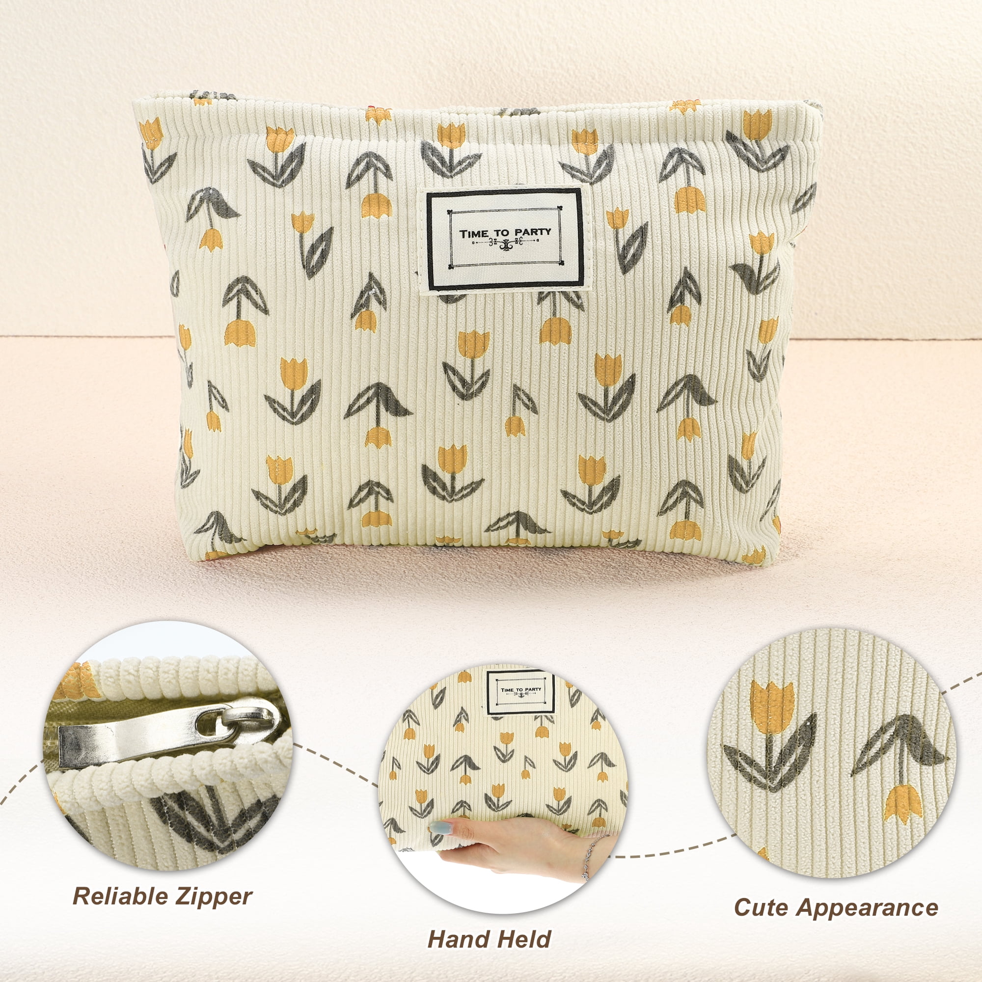 Unique Bargains Floral Makeup BagLarge Capacity Cosmetic Pouch Beige Orange