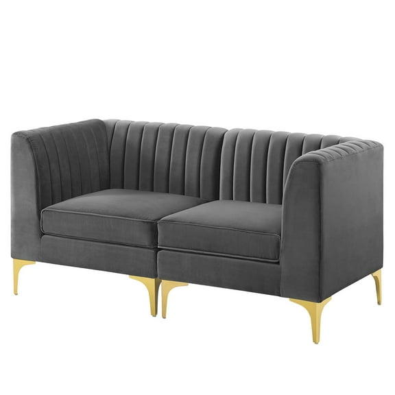 Tufted Loveseat Sofa, Velvet, Grey Gray, Modern Contemporary Urban Design, Living Lounge Room Hotel Lobby Hospitality