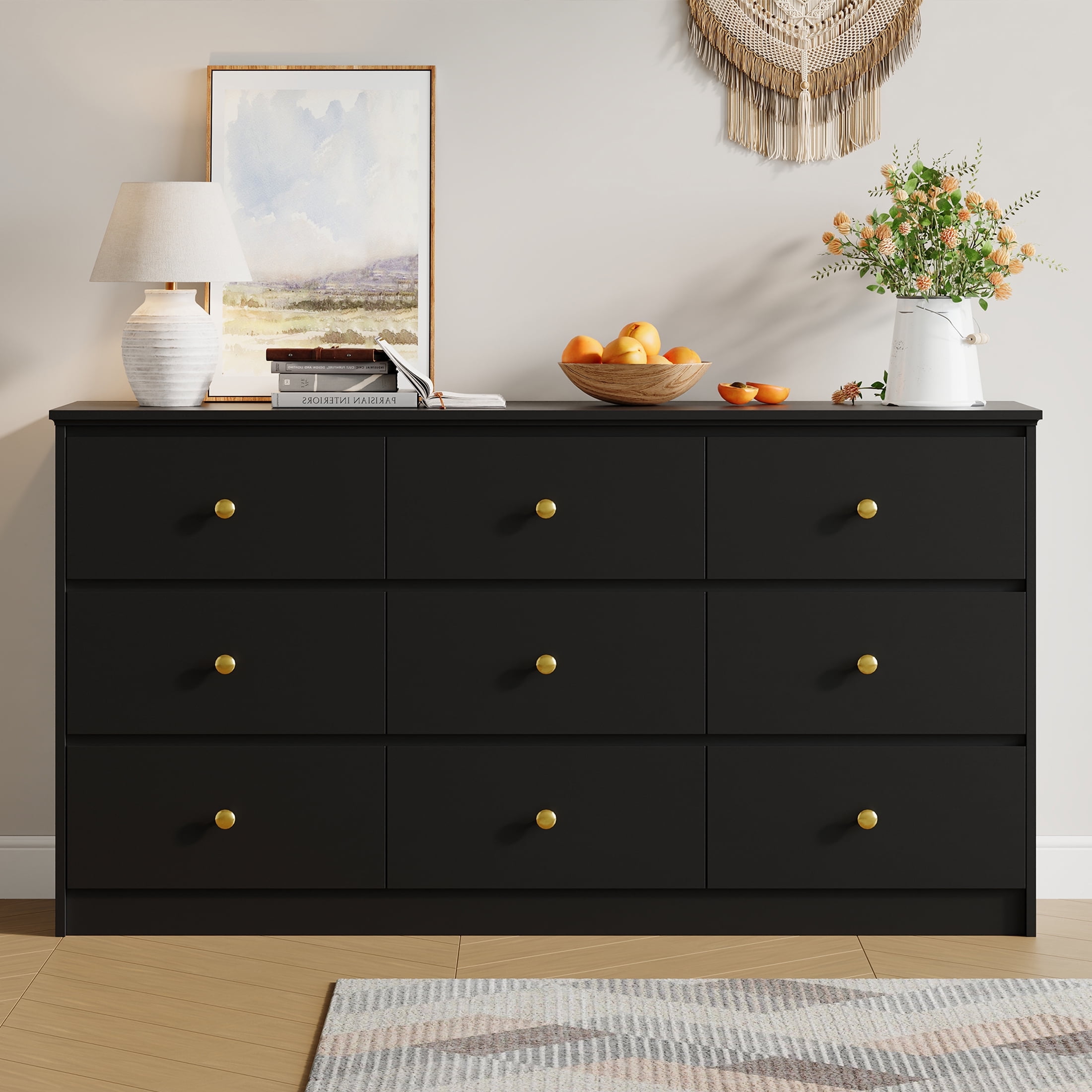 YouTrend 9 Drawer Dresser for Bedroom, Black Wood Adult Dresser with Metal Handles for Living Room, Hallway