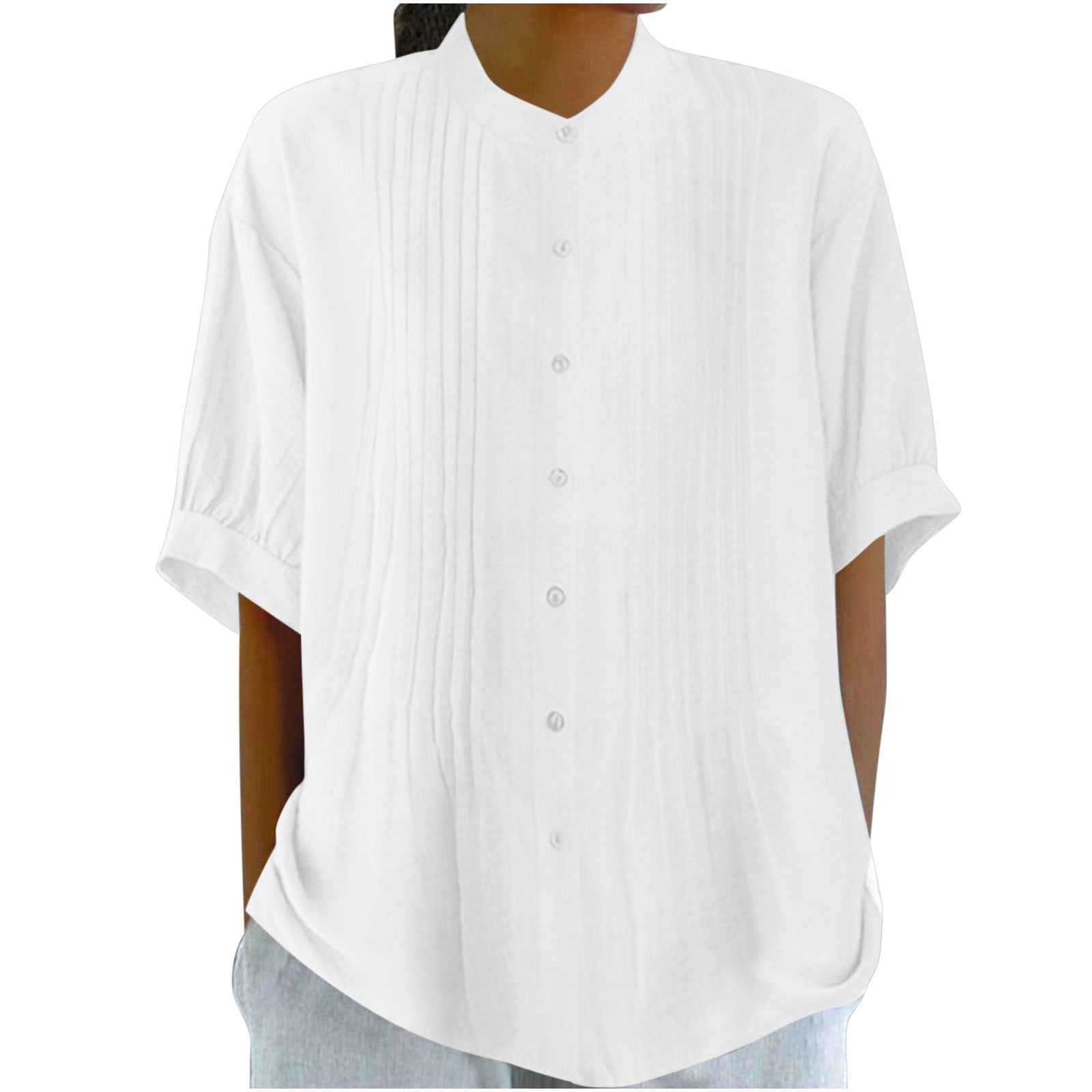 Chemises en Coton et Lin pour Femmes, Manches Courtes, Sans Col