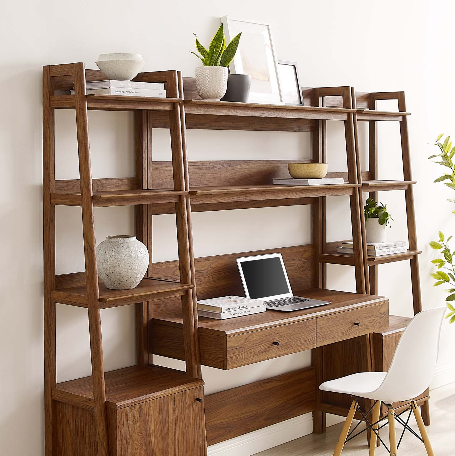 Modway Bixby 3-Piece Wood Office Desk and Bookshelf in Walnut