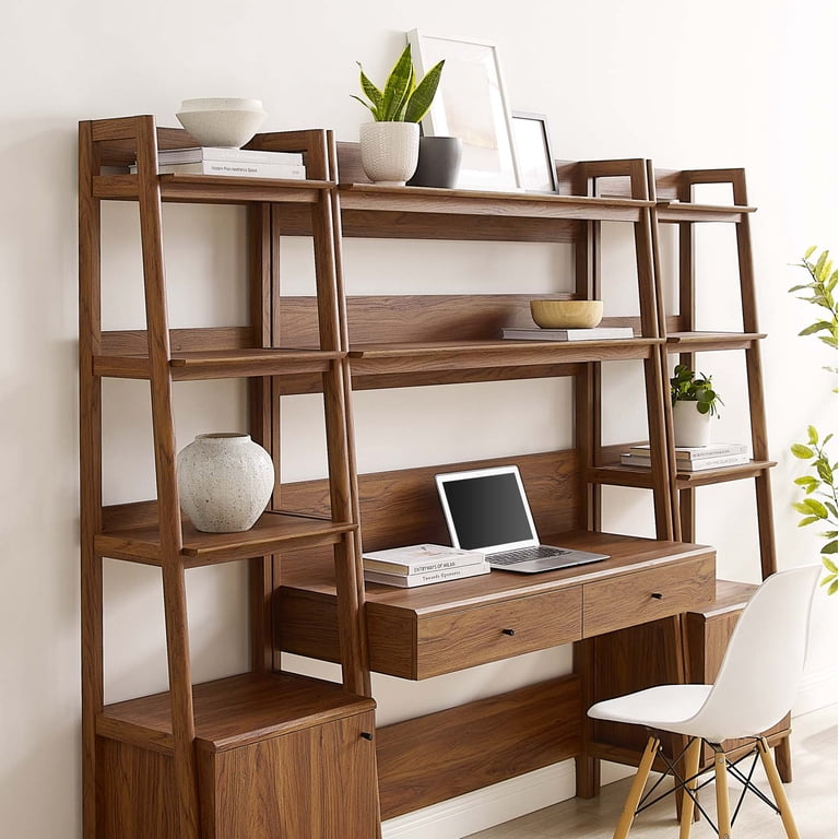 Modway Bixby 3-Piece Wood Office Desk and Bookshelf in Walnut