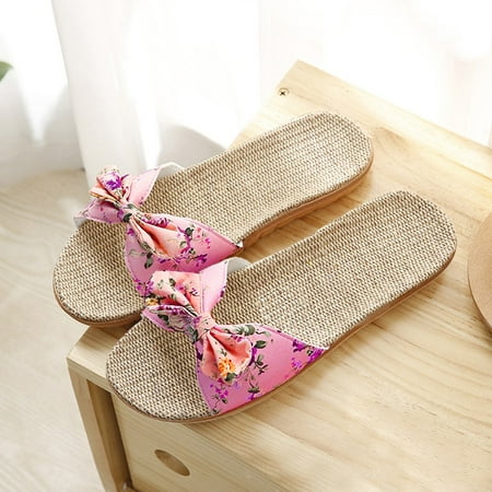

〖Yilirongyumm〗 Pink 37-38 Slippers For Women Bowknot Female Flax Beach Sandals Flops Slipper Linen Women Flip Shoes Bohemia Women s Slipper
