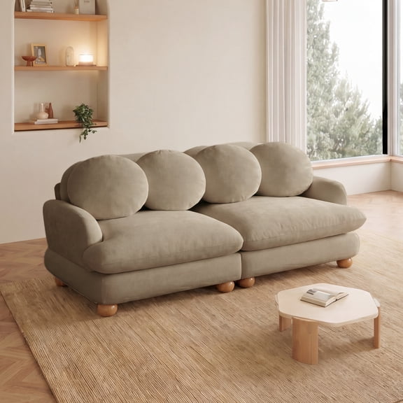Newest 68" Chenille 2-Seater Loveseat Sofa, Deep Seat Couch with 4 Throw Pillows & Solid Wood Frame for Living Room, Camel