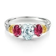 thumbnail image 2 of Gem Stone King 925 Sterling Silver and 10K Yellow Gold Oval Sky Blue Aquamarine Pink Tourmaline and White Diamond 3 Stone Ring for Women (2.18 Cttw, Gemstone March Birthstone, Size 8), 2 of 3