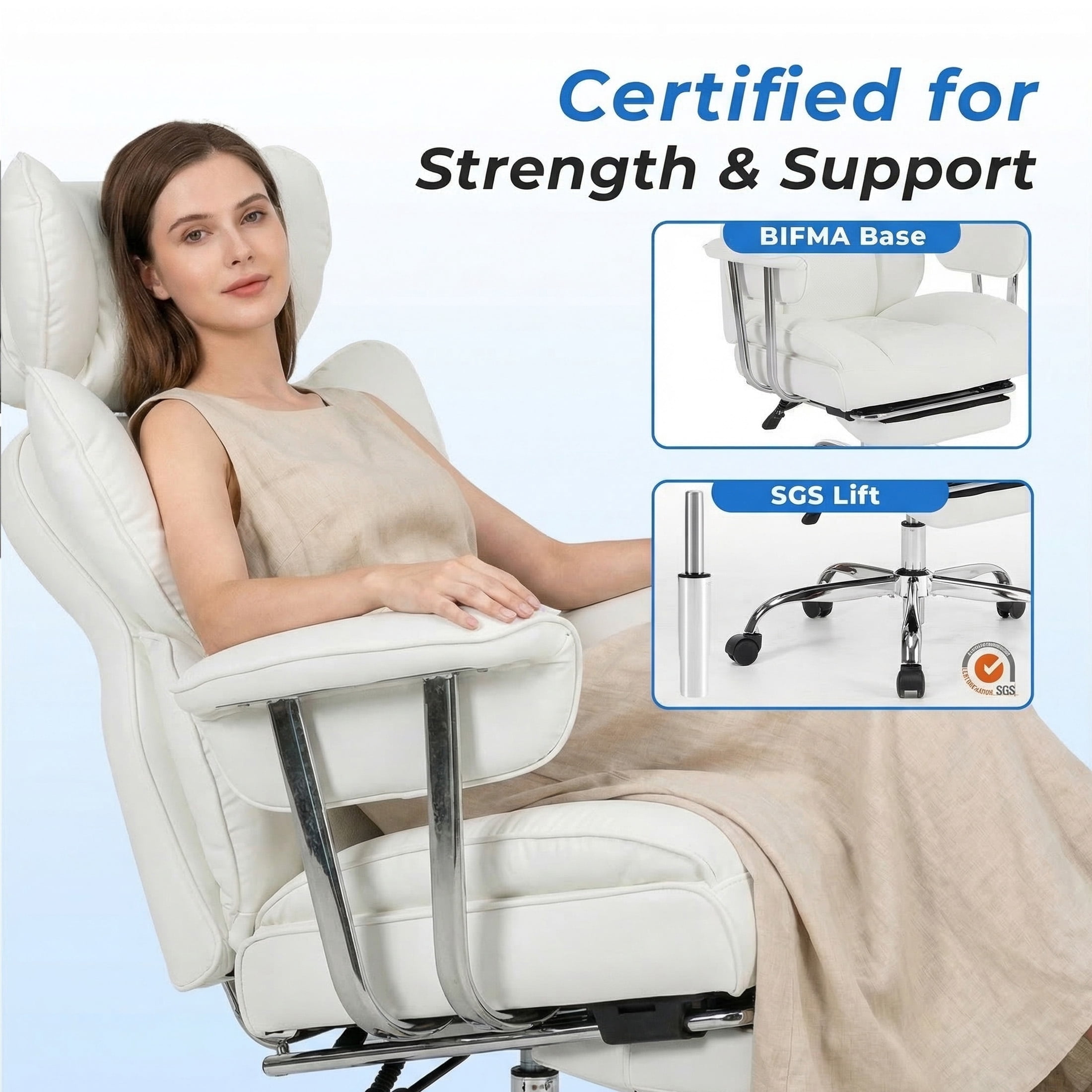 EDX Big and Tall Office Chair, Ergonomic PU Leather Executive Computer Chair with Footrest, Pocket Spring Support, 350 LBS Capacity, For Home Office, Beige